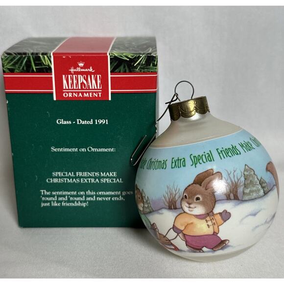 Hallmark Ornament Extra-Special Friends Glass Ball 1991 Rabbit Raccoon Squirrel - Picture 2 of 5